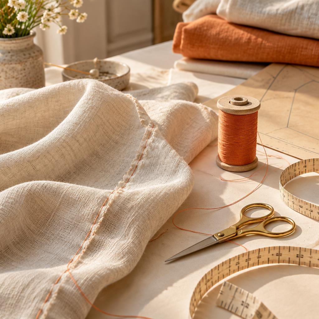 Fil orangé, ciseaux et couture délicate sur un tissu en lin