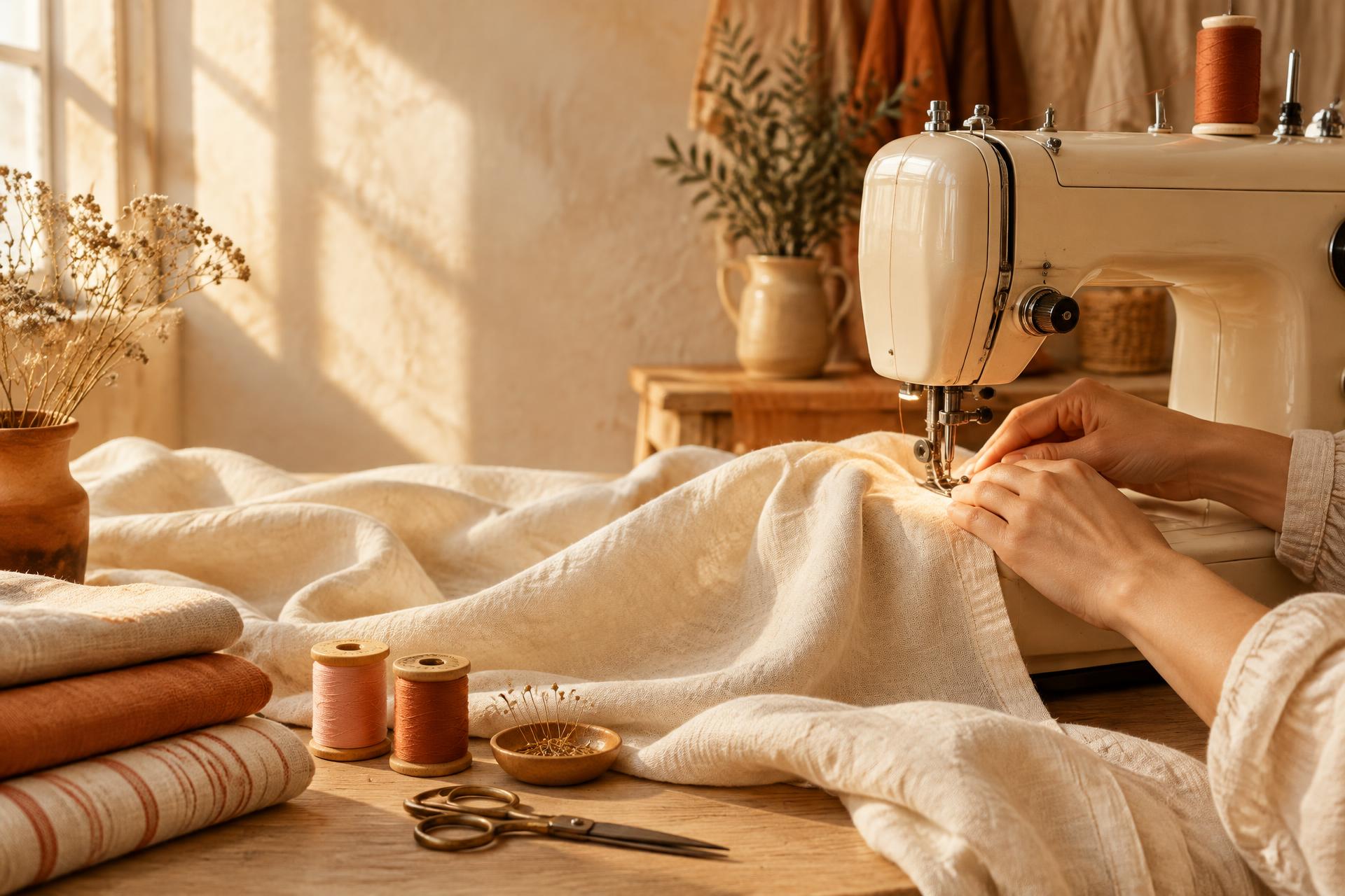 Des mains cousent un tissu naturel à la machine dans la lumière chaleureuse d’un atelier